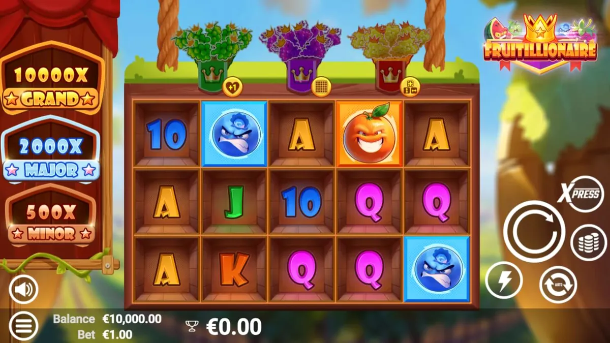Fruitillionaire slot game display with fruit characters